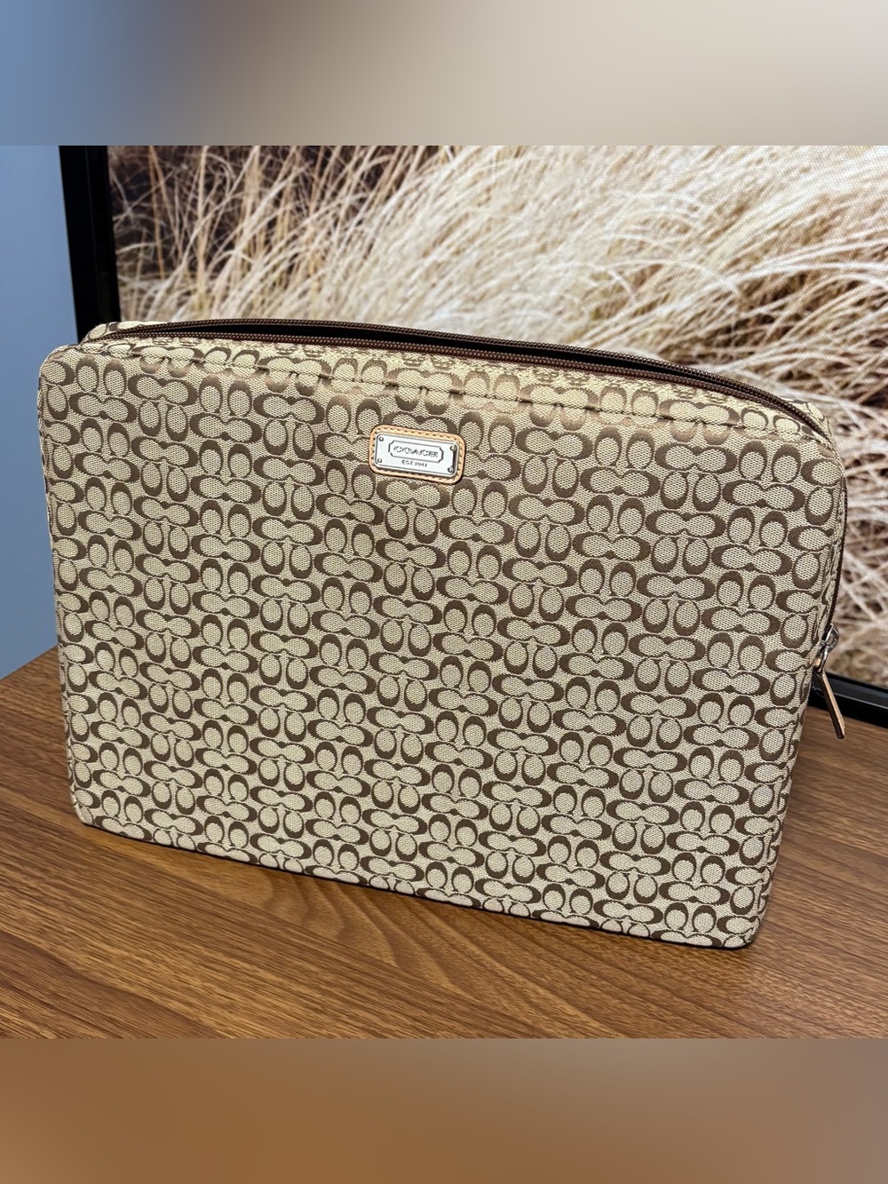 Coach Beige and Brown Signature Zip Pouch for Laptop